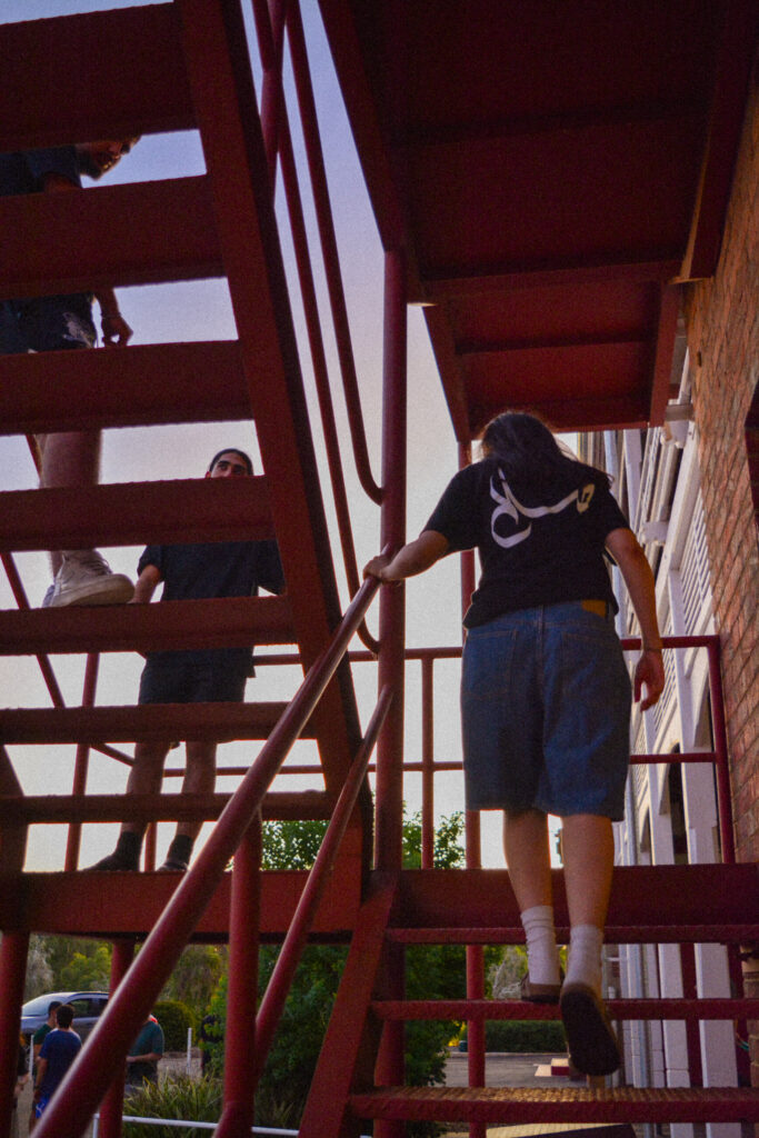 DSC_1337 Ash, sara and nick going up stairs steel SULH shirts